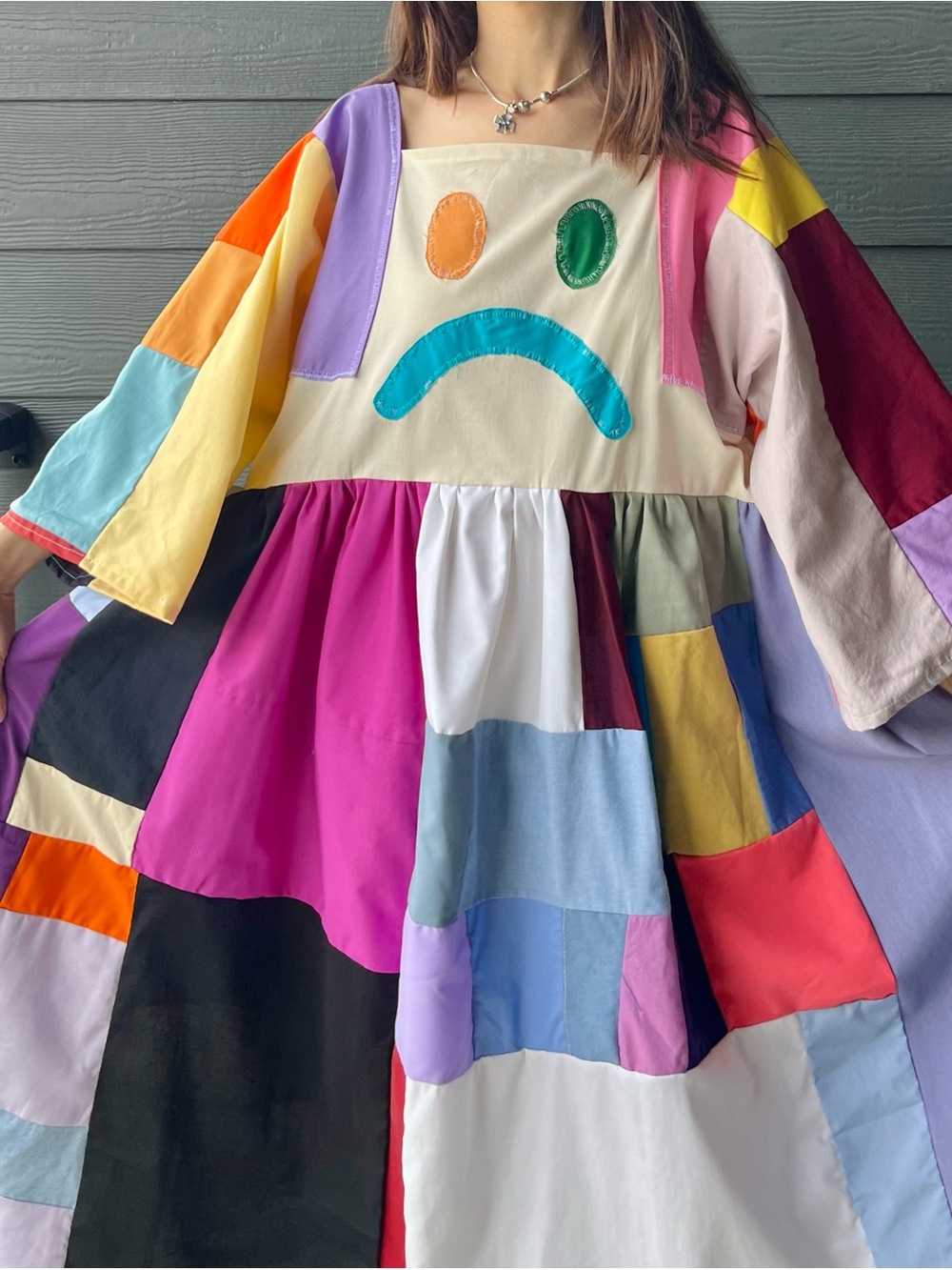 HAPPY FACE SAD FACE | Handmade Quilt Patchwork Moody Dress SKU 06305 Vibrant - Picture 12 of 16